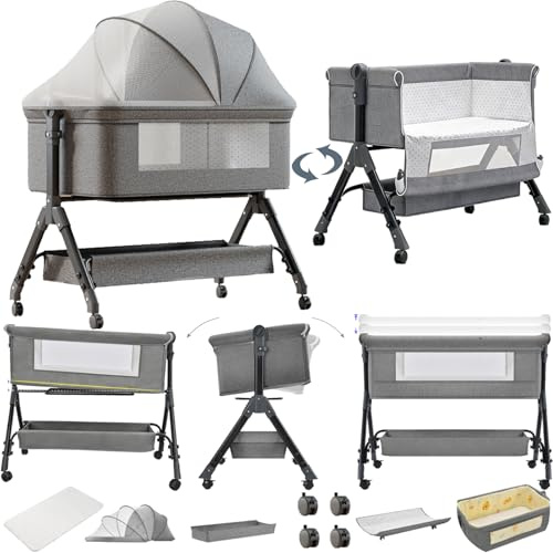 Magic ZC Beistellbett Baby mit Wickeltisch, Klappbares Stubenwagen Baby, Multifunktional Babybett, 3-Fach Höhenverstellbar (X3 Grey)