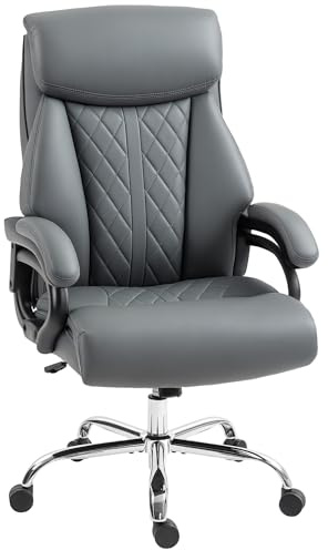 HOMCOM Bürostuhl mit Hoher Rückenlehne Wippfunktion PU-Leder Anthrazitgrau | Ergonomischer Chefsessel, Höhenverstellbarer Gepolsterter Computerstuhl, Kopfstütze, Drehbare Räder