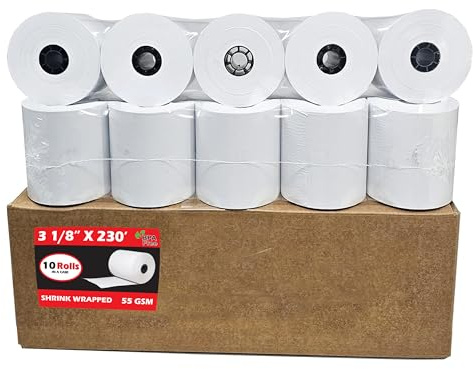 (10 Rolls) 3 1/8 x 230 Thermal Paper Receipt Rolls (55 GSM - 80mm x 70m) Fits All POS Cash Registers TM-T88III, TM-T88IV, TM-T88V, TSP100, CT-S300, CT-S2000, BPA Free from BuyRegisterRolls