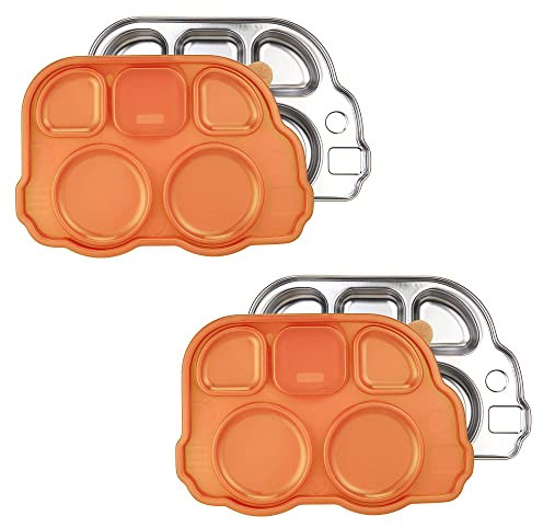 Innobaby Edelstahl-Busplatte mit Abschnittdeckel, die Originale, auslaufsichere geteilte Platte, Mama erfunden, lustige Form, Platte Din Din Smart für Babys, Kleinkinder und Kinder, Orange, 2 Stück