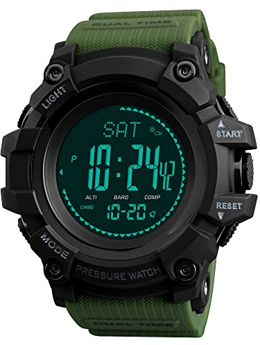 FeiWen Multifunction Digital Sports Watches for Men Outdoor Military Compass Watch LED Display Thermometer Altimeter Barometer Pedometer Calorie 12H/24H Stopwatch Countdown Calendar EL Light Calorie,