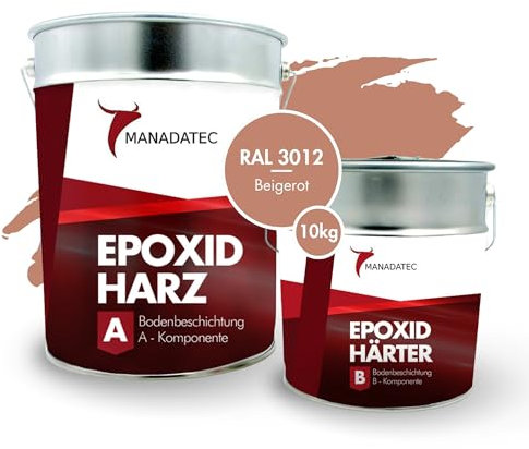 MANADATEC 2k Epoxidharz Bodenbeschichtung 10kg I RAL 3012 Beigerot I Lösemittelfrei, Umweltfreundlich & Geruchsneutral I Beschichtung für Garagen- & Kellerböden I Hohe Schlagfestigkeit