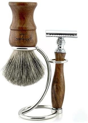 Haryali London Luxuriöses Herren-Rasierset aus Holz mit doppeltem Rasierhobel, Dachshaarbürste und gebogenem Ständer, perfektes Weihnachtsset für Männer