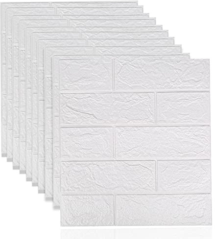 GDWD 10 Stück 3D Ziegel Tapete selbstklebende Wandpaneele,38,5x 35 cm weiße Ziegel Muster Wandaufkleber, für Badezimmer, Schlafzimmer, Wohnzimmer, Balkon, Küche