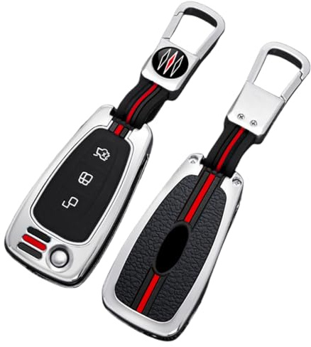 Happyit Zinklegierung + Silikon Autoschlüssel Hüllen für Ford Fiesta Focus Mondeo Kuga Flucht Falcon Galaxy Fusion Mustang Explorer Edge Escort Mk3 Mk4 Ranger 3 Tasten (C, Silber)