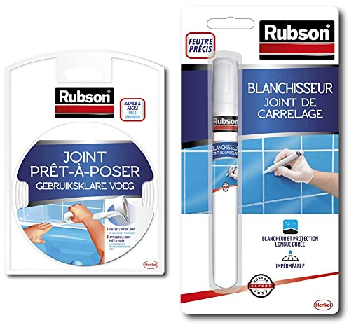 Rubson Joint Prêt à Poser- Rouleau auto-adhésif de joint préformé -blanc 12mm x 3.5m & Outils Blanchisseur Joint de carrelage stylo, Stylo blanchissant pour Joints de carrelage,7 ml