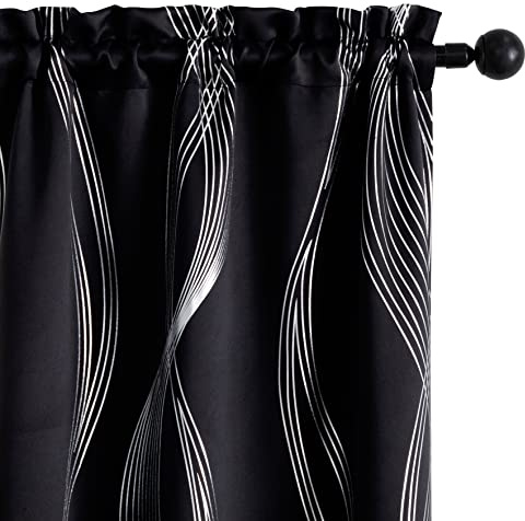 GIRASOLE HOME® Coppia Tende Oscuranti Termiche Morbide Fantasia Onde Argentate Tenda Isolante per Soggiorno Camera e Interni 2 Pannelli con Tasca (70x145cm, Nero)
