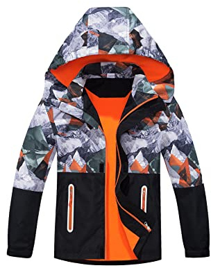 NATUST Boys Waterproof Jacket Fleece Lined Raincoat Kids Windproof Rain Coat Unisex Windbreaker Orange 11-12 Years