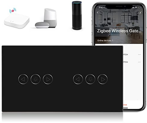 BSEED Interrupteur Tactile Zigbee, Interrupteur Connecté Alexa, Interrupteur Variateur Panneau en VERRE, Contrôle Vocal, Passerelle Zigbee Requise (non incluse), 2*Variateur, Noir