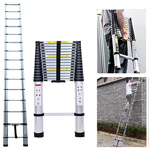 Scala telescopica in alluminio, 5 m, allungabile, in alluminio, multiuso, facile da usare, portata 150 kg, colore argento