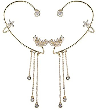 QKEPCY Boucles D'oreilles Enveloppantes Bling Cristal pour Femme - Tassel Wrap sans Piercing, Clip Or pour Femmes et Filles