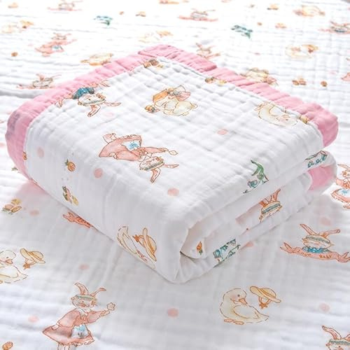 Hivia Musselin Babydecke 6lagig 110x110 cm Baumwolle Rosa Kaninchen | Weich, atmungsaktiv, leicht. Vielseitig: Wickeldecke, Badetuch, Spucktuch. Sommerlich, kuschelig, hochwertig.