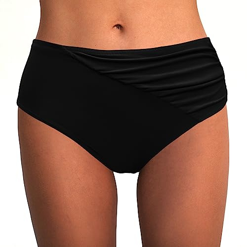 Rayson Bas de Maillot de Bain Femme Bandeau Ruched Bikini Culotte Taille Haute Short de Bain Ventre Plat Bas de Maillots Shorty(Noir,L)