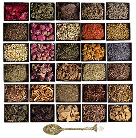 Herbes séchées pour fournitures de sorcellerie et outils de protection, magie à base de plantes, sorts Wiccan – 30 herbes pour fournitures d'autel – avec cuillère en cristal