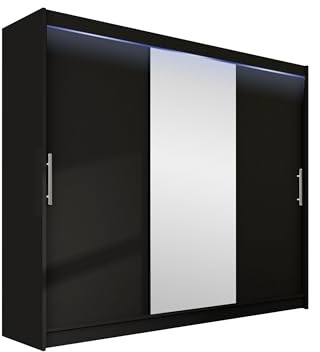 Mirjan24 Aston 250 Armoire à portes coulissantes avec miroir, armoire à portes coulissantes, penderie, chambre à coucher (noir, avec éclairage LED RVB)