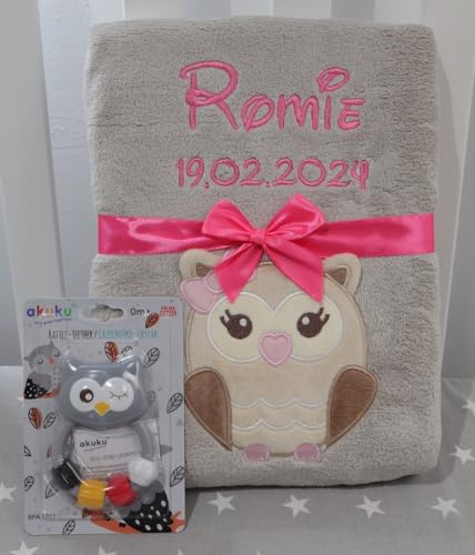 BotoBaby ★ GESCHENKSET Babydecke mit Namen und Datum Bestickt + Spielzeug GRAU Eule ★ Geschenk ★Geburt ★ Taufe ★ (Set 36)