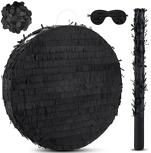 Jenaai 16 Inch Round Black Piñata Large Circle Blank Piñata with Stick, Blindfold and Confetti for Adults and Kids' Birthday Parties Game DIY Wedding Celebration Baby Shower Carnival Party Supplies