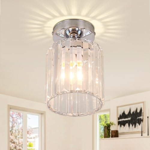 FRIXCHUR Kleiner Kronleuchter Kristall Deckenleuchte Semi Flush Mount Deckenbeleuchtung Halterung Moderne Kristall Deckenleuchte für Flur Küche Insel Esszimmer Schlafzimmer E26 Basis Chrom