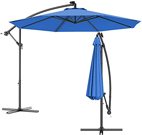 KOMFOTTEU Ampelschirm 300cm mit LED Beluchtung, Sonnenschirm mit Kurbelsystem, Gartenschirm neigbar mit Eisenständer, Terrassenschirm für Garten, Pool (Blau)