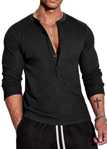 Muscle Cmdr herrvåffel-henley-skjortor, Herrkläder, Ledig Långärmad T-shirt Casual 6 Knapprad, Långärmad Tröja Regualar Fit Snygg T-shirt, Svart/Långärmad, S