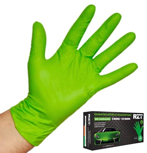 RZ TOOLS Guantes De Nitrilo Desechables Verdes De 100 Uds Guantes De Nitrilo Extra Gruesos Con Textura Diamante | Guantes Para Taller Y Montaje De Alta Resistencia Desechables | Tamaño L