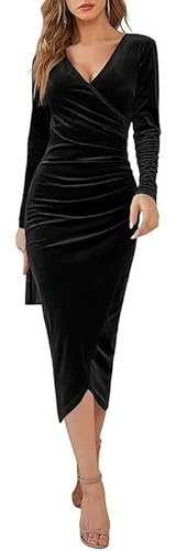 Rongseng Vestiti da Donna Elegante in Velluto Abito da Donna Manica Lunga con Scollo a V Invernale Abito da Cocktail Abiti da Cerimonia Lunghi Maxi Abiti per Casual Cocktail Feste Autunno e Inverno