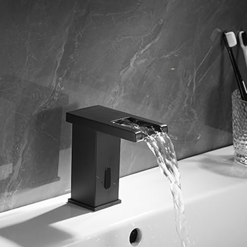 XJTNLB Wasserhahn mit Sensor Bad Waschtischarmatur Sensor Wasserfall aus Edelstahl Waschbecken Armatur Badezimmer,Schwarz,Niedrig