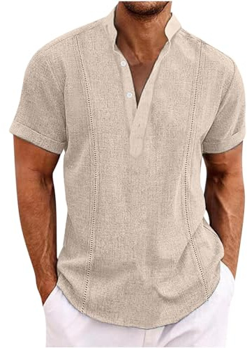 Linen Shirt for Men UK Short Sleeve Henley Shirt Classic Solid Cotton Linen Button Up Blouses Summer Loose Casual Cotton Linen Pullover Tops Comforty Breathable Office Business Tees