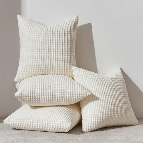 Topfinel Kissenbezug 50x50 Creme Weiß 4er Set Cord körnig Kissenbezüge Kissenhülle Dekokissenbezug Sofakissen Couchkissen für Sofa Schlafzimmer Wohnzimmer Balkon Kinder flauschig