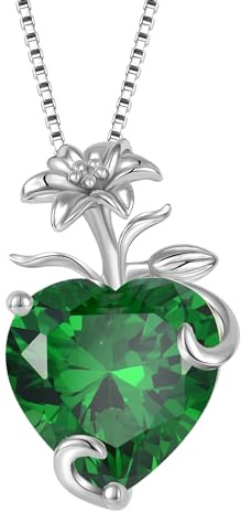 YL Collier Cœur Argent 925 taillé Mai Pierres de Naissance Emeraude Fleur de lys Pendentif pour Femme