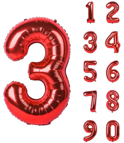 TNSRAY Luftballons Geburtstag Zahlen 3, Rot, 32 Zoll (82cm) Helium Ballons, Folienballon Geburtstagsdeko Geburtstag Zahlen Luftballon, Folienballon Riesen Folienballon für Kinder, Junge, Mädchen