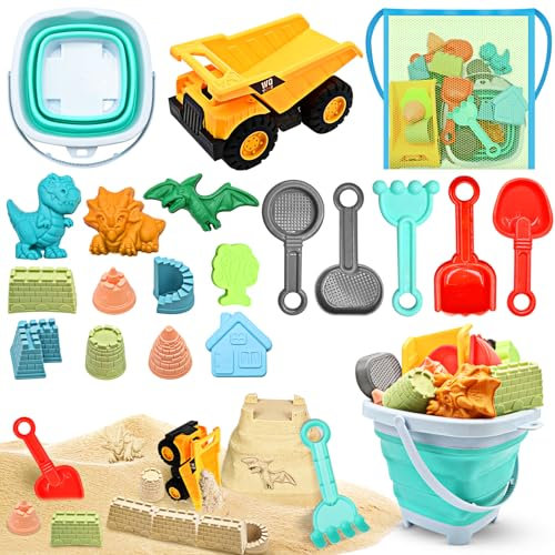 YZNlife 19 Stück Sandspielzeug Set, Strandspielzeug für Kinder mit Faltbarer Eimer Kinder Bagger Netzbeutel, Reise Strand Sandkasten Spielzeug Sandförmchen Sandschaufel für Jungen Mädchen ab 3 Jahr