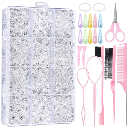 Auroray 2200 Pcs Clear Hair Ties, Hair Loop Styling Tool Set with Hair Tie Cutter, Elastic Hair Accessories for Toddler Baby Girl Women