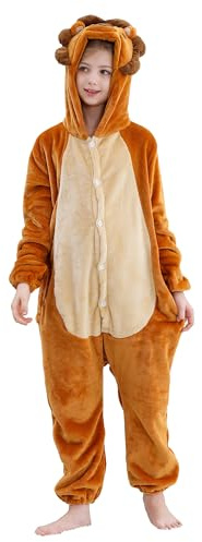 HAHASHOW Combinaison Pyjama Enfant Grenouillère Surpyjama Enfants Cosplay Cartoon Animaux à Capuche Unisexe Grenouillères Vêtements de Nuit Garcon Fille 7-8 Ans, Le Lion