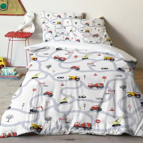 Yasida Juego de ropa de cama infantil de 135 x 200 cm, microfibra, con señales de tráfico y carreteras, para niños y adolescentes, 135 x 200 cm, con cierre de cremallera y 1 funda de almohada de 80 x