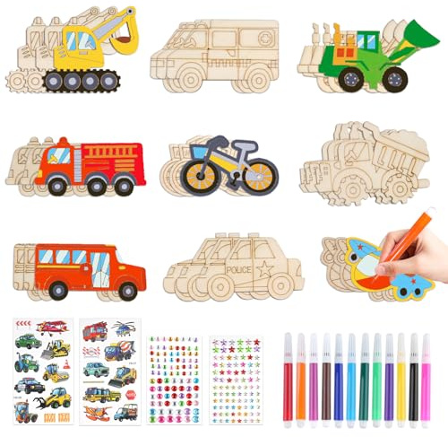 Moosono 40 Stück Auto Holz Bastelset, Bastelset Kindergeburtstag | für Mädchen Jungen ab 3 4 5 6 7 8 Jahre Automobil Basteln für Kinder mit Aquarellstift, Strasssteine, Aufkleber