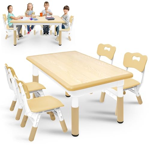 SUBTLETY Sitzgruppe für Kinder aus ABS Plastik Höhenverstellbar Kindersitzgruppe mit Aktivitätstisch & 4 Kinderstuhl Belastbar bis 100KG Kindersitzgarnitur für Lernen, Zeichnen, Essen (Beige)