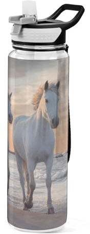 Mnsruu Transparente Sport-Wasserflasche mit Strohhalm, auslaufsichere Trinkflasche, weiße Pferde, die im Wasser laufen, Fahrradflaschen für Sport, Büro, Schule, BPA-freier Tritan-Kunststoff, 1 Liter
