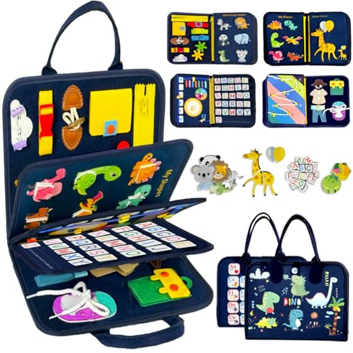 Qizfun Montessori Busy Board & Busy Book for Toddlers – Sensory & Learning Toys for Early Skills, Travel Toy for Airplane & Car, Educational Gift for Boys & Girls