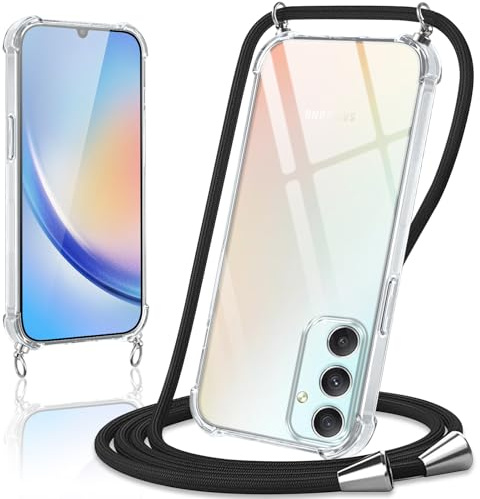 Coiwxmoi Handyband Handyhülle für Samsung Galaxy A34 5G Hülle mit Band 6,5,Transparent Case mit Kette Abnehmbar zum Umhängen Kordel Schutzhülle,Weich Silikon TPU Stoßfest Cover,Schwarz