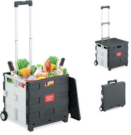 Relaxdays Carro de la Compra Plegable, Carrito de Transporte con Ruedas y Asa Telescópica, hasta 35 kg, Blanco/Gris