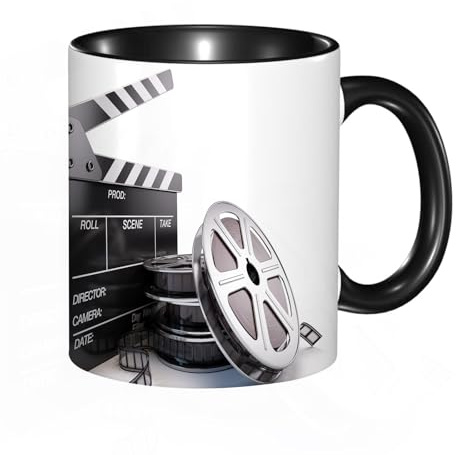 EKLMPS Becher aus Keramik, Ideal als Geschenk, Hochwertiger Aufdruck, Tasse mit Motiv, Tee Becher, Coffee Cup, 330ml,Filmrollen und Filmklappe