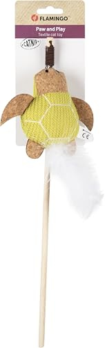 Jouet pour Chat - Flamingo Lemmo Canne Tortue Verte en Bois et Tissu avec Plumes et Catnip 40cm