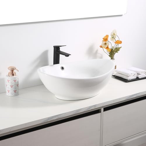 NUESTRA VIDA Lavabo da Appoggio in Ceramica 58,5x38,5x19,5 cm, Lavabo per Bagno d' Appoggio, Lavandino in Appoggio Lavandini Bagno con Troppopieno, Senza Foro per Rubinetteria, Ovale