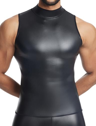 Men's Faux Leather Undershirt Slim Fit Sleeveless Tank Top Nightclub Party Shirts Muscle Top T-Shirts High Neck Sleeveless S