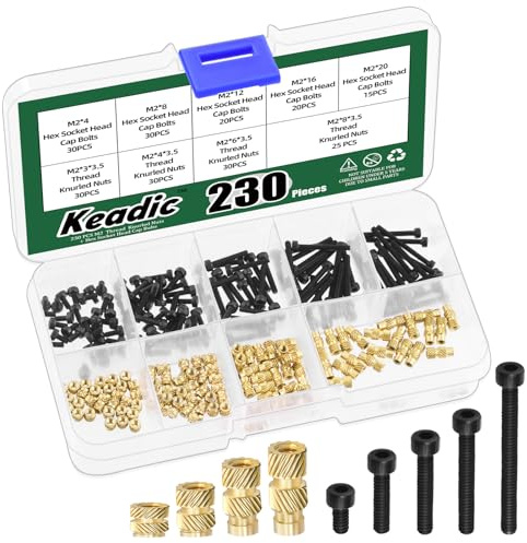 Keadic Lot de 115 inserts filetés en laiton pour plastique et impression 3D, 115 boulons à tête hexagonale, vis à six pans creux, écrous moletés en laiton noir