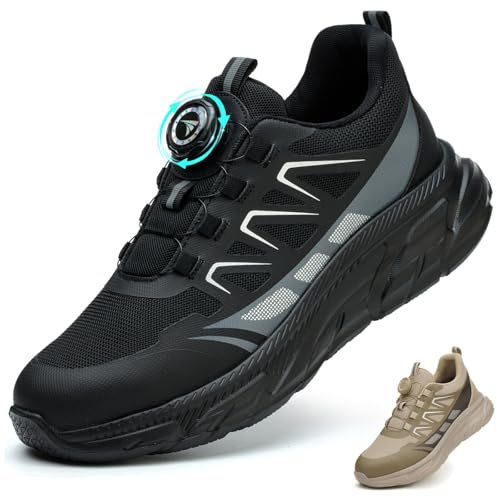 BAXIWUY Scarpe Antinfortunistiche Uomo Scarpe da Lavoro Donna Leggere Traspiranti Sneakers Alte Antiscivolo Comode Scarpe Sicurezza Regolazione Rapida dei Lacci Nero, 46 EU