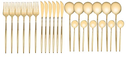 Ustensiles de Cuisine Dorés, Ensemble d'Ustensiles Dorés 24 Pièces, Ensemble d'Argenterie Dorée, Couteau, Fourchette, Cuillère, Couverts en Acier Inoxydable, Ensemble