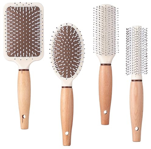 Hair Brush Set ，DDUP 4 PACK Anti Static Massage Oval Comb Round ， Vent Hair Brush，Detangling Brush ，Paddle Brush for Women Men (White)