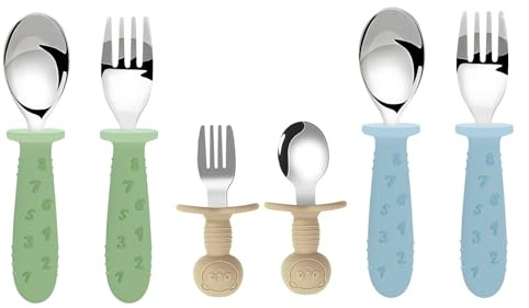 Oskuglin 6 Stück Babylöffel Set aus Silikon & Edelstahl, BPA-frei | Löffel & Gabel, ab 6 Monate, kindgerecht, rutschfest, abgerundet, spülmaschinenfest, für Brei & Beikost